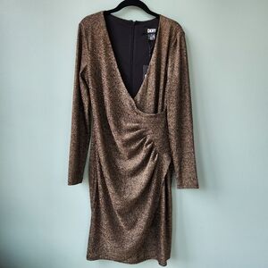 DKNY Gold Lame Dress Side Rouching Size 12 Fully Lined